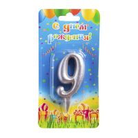 Свеча для торта 80х40 мм, диз. "Овал. Цифра 9", сереб., 1 шт/упак 30 шт/кор РОССИЯ 1427