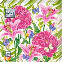Салфетки 330х330 мм 3-сл., диз. "Пионы и лилии", разноцв., бум., 20 шт/упак "Bouquet" 12 упак/кор РОССИЯ 25005