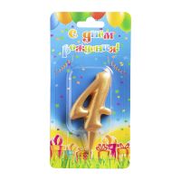 Свеча для торта 80х40 мм, диз. "Овал. Цифра 4", зол., 1 шт/упак 48 шт/кор РОССИЯ 1005