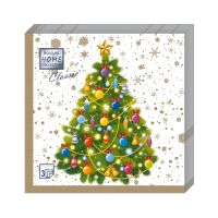 Салфетки 330х330 мм 3-сл., диз. "Новогодняя ель на белом", разноцв., бум., 20 шт/упак "МИСТЕРИЯ" 12 упак/кор РОССИЯ 37796
