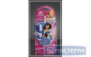 Свеча для торта h68 мм, диз. "Disney Принцесса. Цифра 9", разноцв., 1 шт/упак 20 шт/кор РОССИЯ 1174