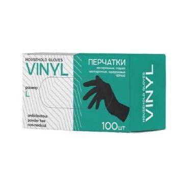 Перчатки виниловые, р-р L, неопудрен., черн., 50 пар/упак 10 упак/кор КИТАЙ V004BK