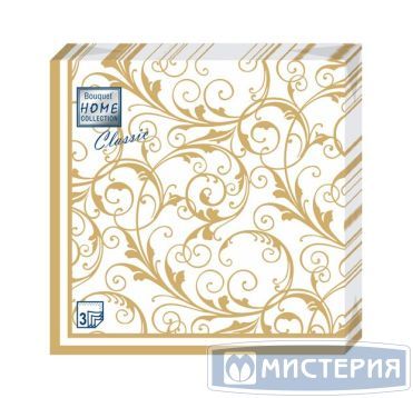Салфетки 330х330 мм 3-сл., диз. "Очарование на белом", бело-золот., бум., 20 шт/упак "Bouquet" 12 упак/кор РОССИЯ 37649