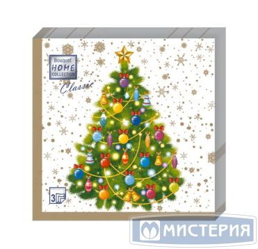 Салфетки 330х330 мм 3-сл., диз. "Новогодняя ель на белом", разноцв., бум., 20 шт/упак "МИСТЕРИЯ" 12 упак/кор РОССИЯ 37796