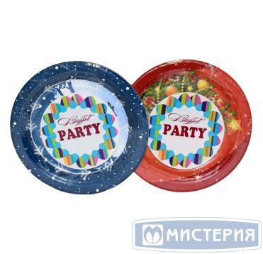Тарелка одноразовая мелкая d180 мм, диз. "Новогодний", карт. ламин., 6 шт/упак "Buffet Party" 150 шт/кор РОССИЯ -