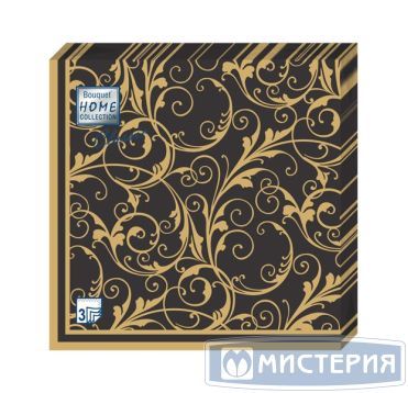 Салфетки 330х330 мм 3-сл., диз. "Очарование на черном", черно-золот., бум., 20 шт/упак "Bouquet" 12 упак/кор РОССИЯ 37690