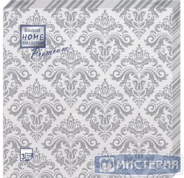Салфетки 400х400 мм 3-сл., диз. "Серебряный орнамент", бело-сереб., бум., 16 шт/упак "Bouquet" 12 упак/кор РОССИЯ 25467