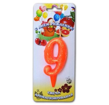 Свеча для торта h35 мм, диз. "Мармеладки. Цифра 9", оранж., 1 шт/упак 30 шт/кор РОССИЯ 2999