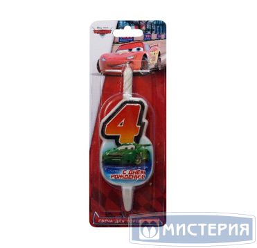 Свеча для торта h45 мм, диз. "Disney Тачки. Цифра 4", разноцв., 1 шт/упак 15 шт/кор РОССИЯ 1180