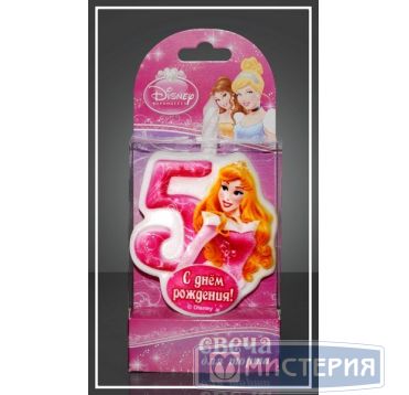 Свеча для торта h68 мм, диз. "Disney Принцесса. Цифра 5", разноцв., 1 шт/упак 20 шт/кор РОССИЯ 1169